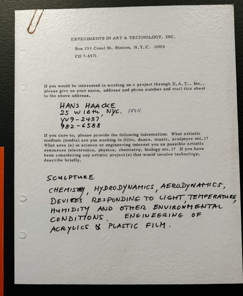 A letter addressed to Experiments in Art and Technology (E.A.T.) from Hans Haacke