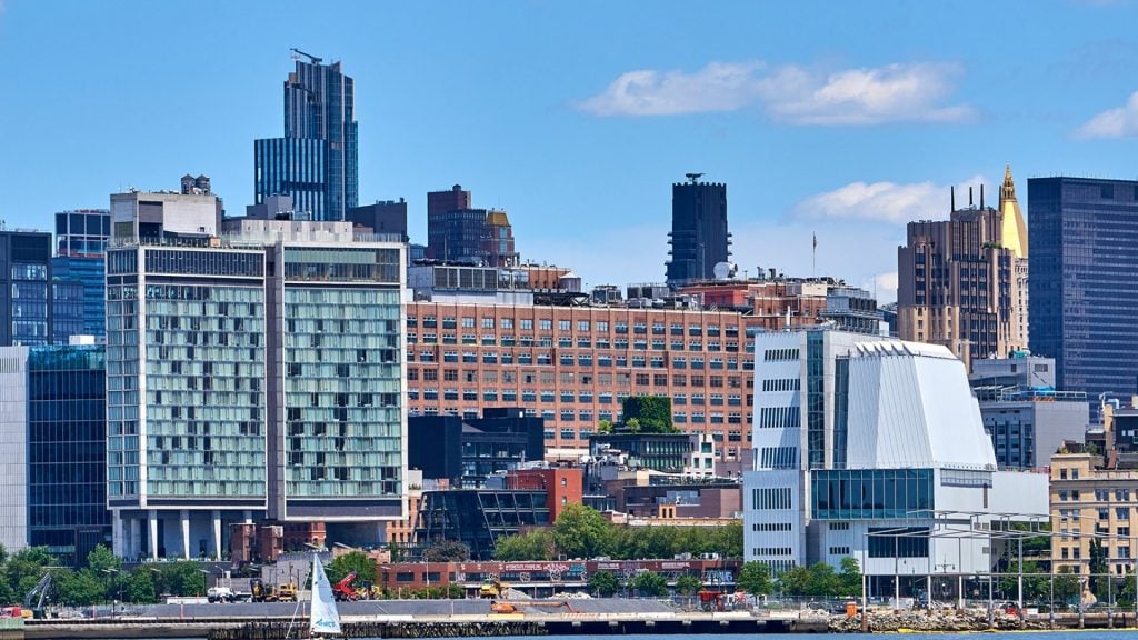 A view of New York's Meatpacking District from the Hudson River, including the Whitney Museum, high line, and standard hotel