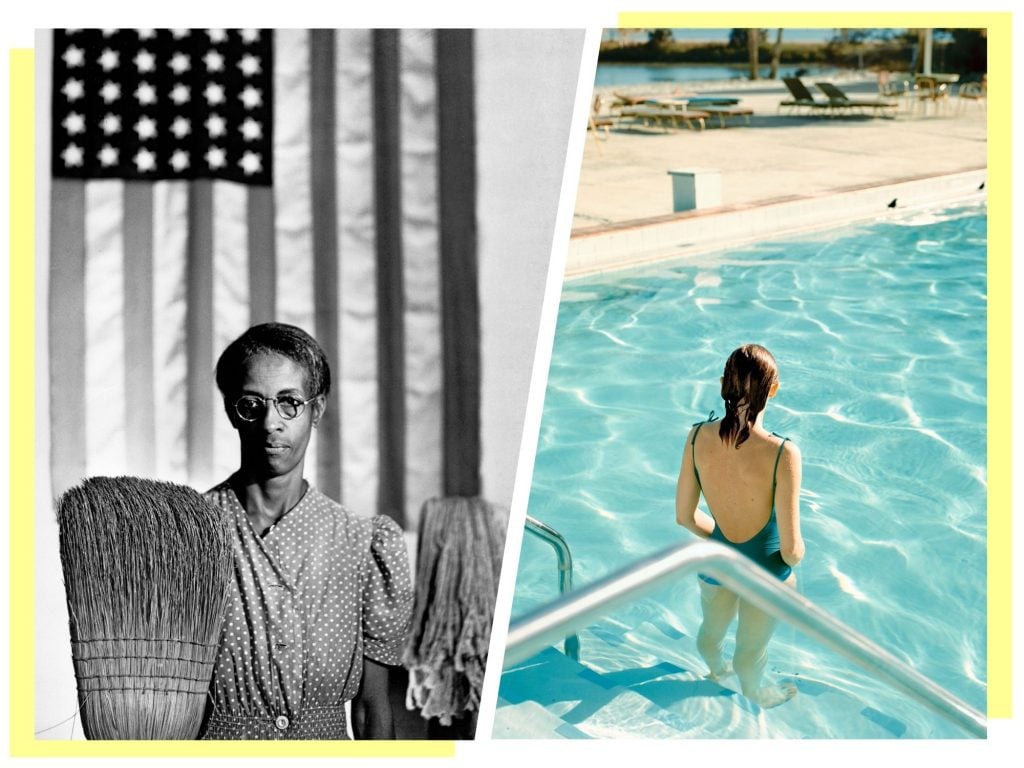 Gordon Parks, American Gothic, Washington, D.C., (1942). Stephen Shore, Ginger Shore, Causeway Inn, Tampa, Florida, November 17, 1977. A split screen of a black and white photo of an older Black women holding a broom and mop, and a color photo of a young women in a one-piece swimsuit, back facing the camera, standing on the steps of an aqua swimming pool in the summer sun.