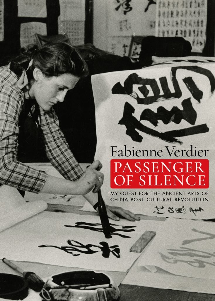 The cover of a book by Fabienne Verdier, "Passengers of Silence," showing a black and white photo of the artist paintings and the title in a block of red.