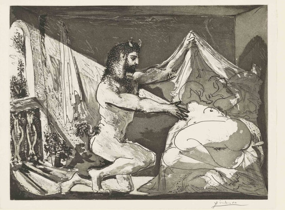 A faun, depicted with horns and a tail, lifts a sheet to uncover a reclining woman in a dimly lit room