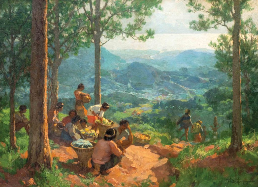 A rural forested landscape painting with a small group of people on the left sitting and looking out over the vista, featured in León Gallery sale Magnificent September Sale.