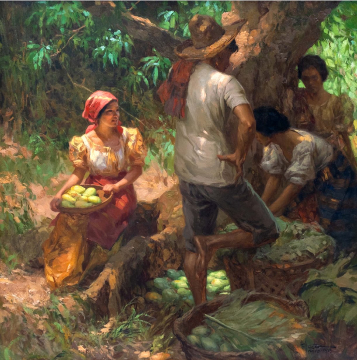 A romantic style painting showing four rural people in traditional garb under a tree, with one woman with a red head scarf with a basket in her lap illuminated by the light, by Fernando Amorsolo and featured in the recent Magnificent September Sale presented by León Gallery.