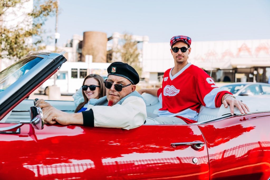 "Darren McCarty's Day Off" filming in Detroit, Michigan on September 16, 2024. The cast recreate the red sports car scene from Ferris Bueller's Day Off. 