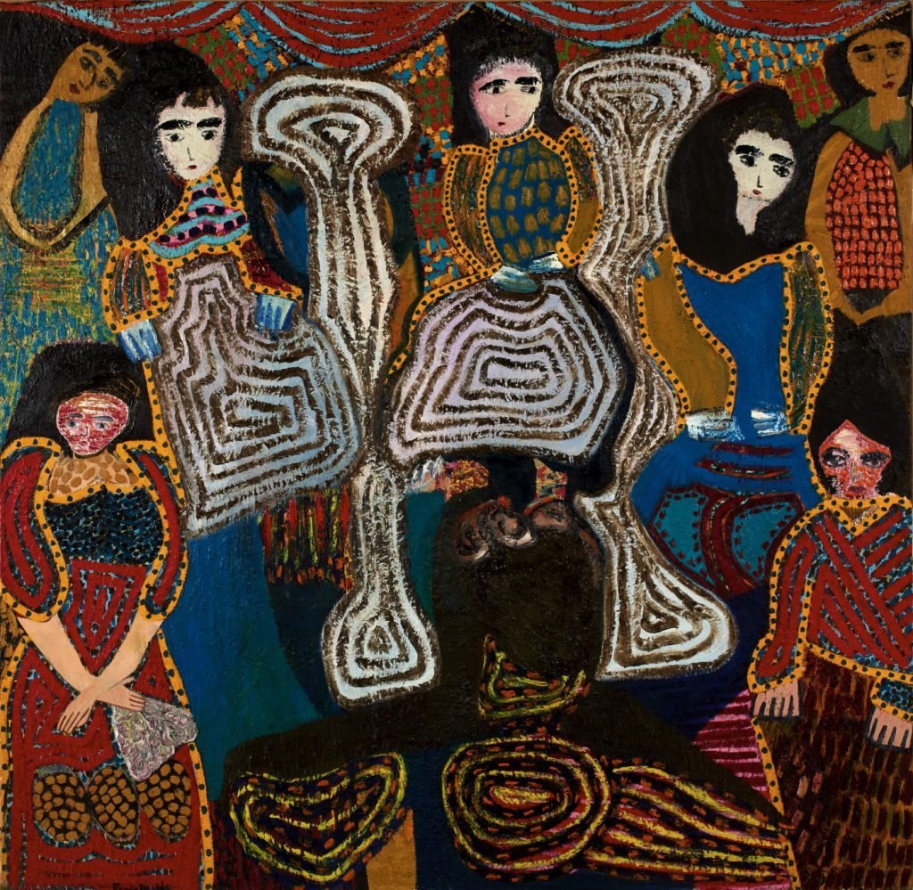 Franne Davids, Untitled (ca. 1979–2018). A thickly painted oil paint canvas of a group of roughly rendered women in elaborate striped dresses. The work is vibrantly colored, in a unique, self-taught manner.