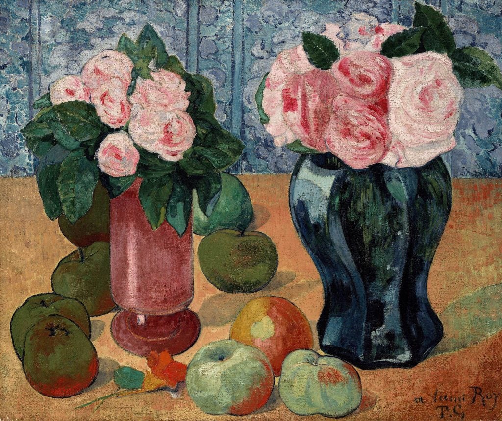 Still life by Paul Gauguin showing a pink vase and blue vase both holding roses, sitting on an orange surface with scattered apples