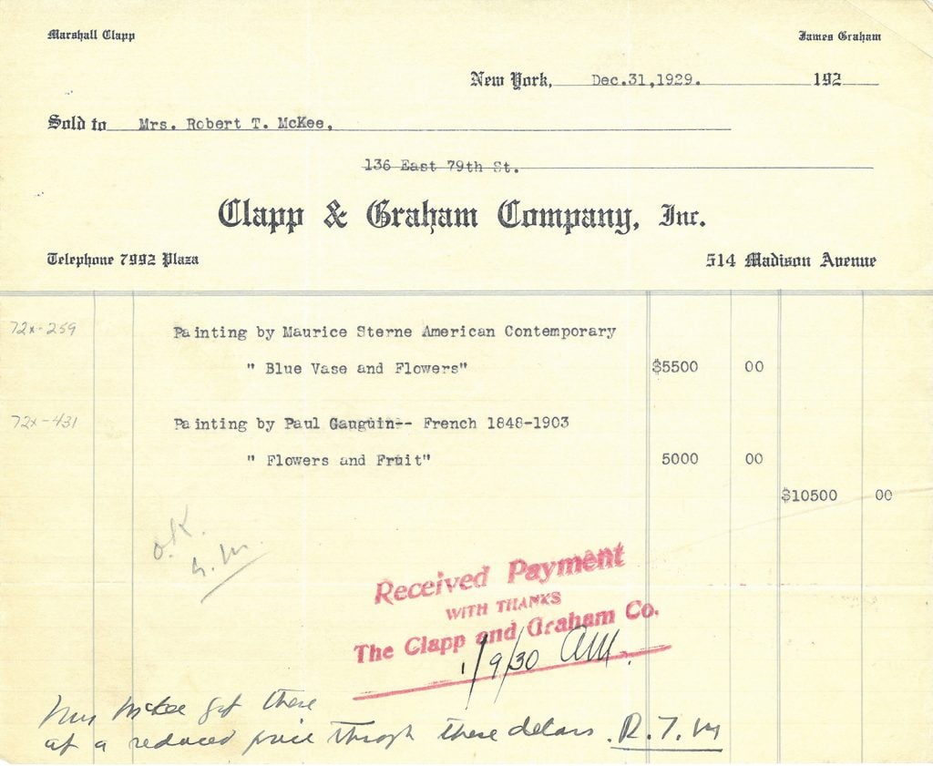 A receipt dated 1929 recording the purchase of Paul Gauguin's Flowers and Fruit painting