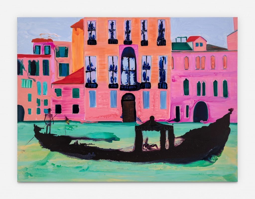 A black gondola against a teal green canal and hot pink and orange Venetian palazzos in a semi-abstract painting by Genieve Figgis.