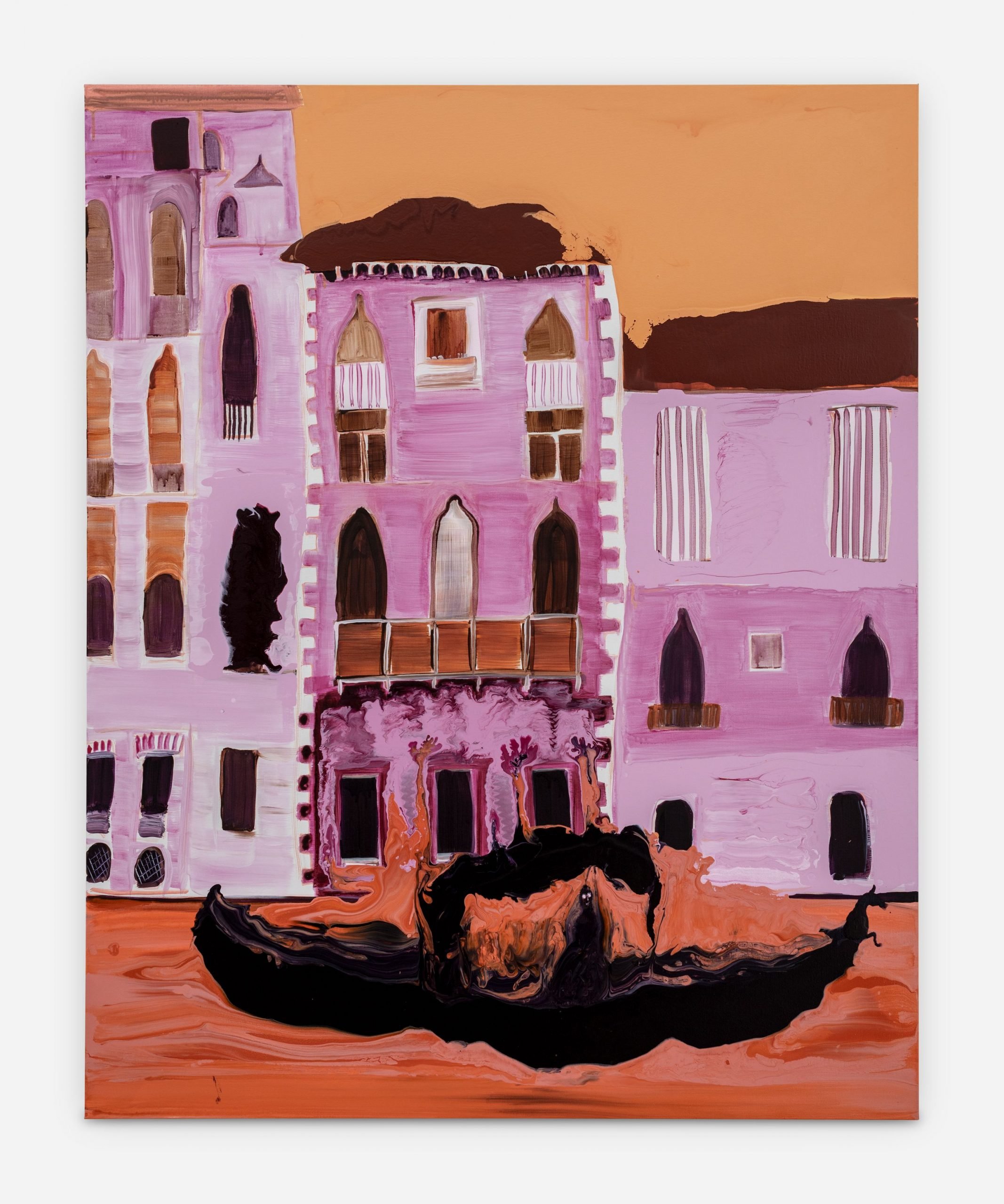 A semi-abstract painting of a Venetian gondola in front of traditional Venetian palazzos, the architecture is in rosy mauve shades, the sky a orange creamsicle shade, the water a burnt orange, and the boat entirely in black, painted by Irish artist Genieve Figgis.