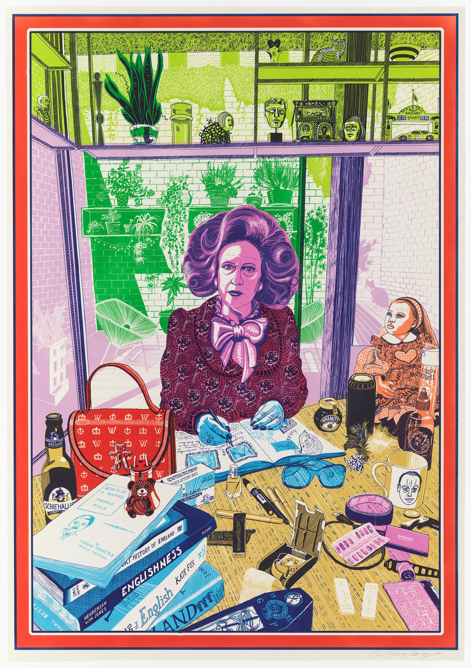 A printed technicolor image of British Prime Minister Margaret Thatcher sitting at a kitchen table with her purse and various other scattered objects in front of a modernist window, by Grayson Perry and featured at Frieze London.