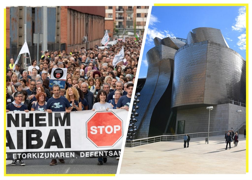 A right panel showing a huge crowd protesting in the street and a left panel showing the Guggenheim Bilbao