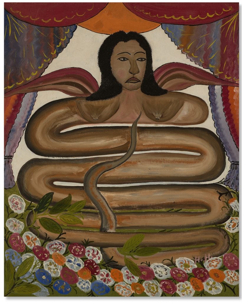 A painting of a woman's head on a snake body with wings