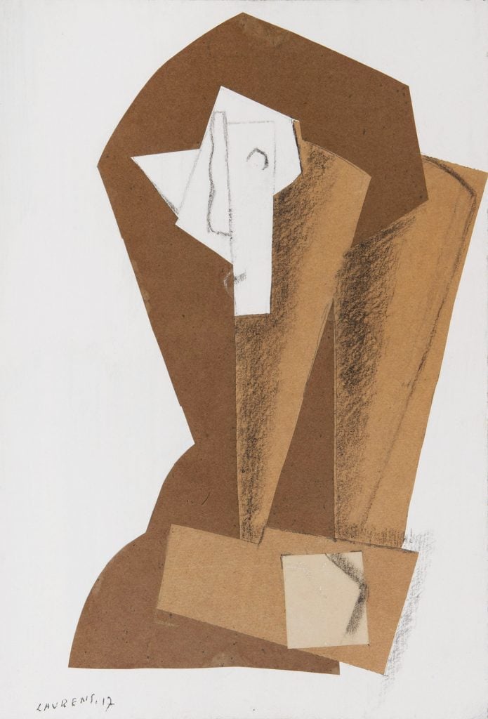 A cubist portrait drawing by modern icon artist henri laurens in shades of brown and pencil against a white ground.