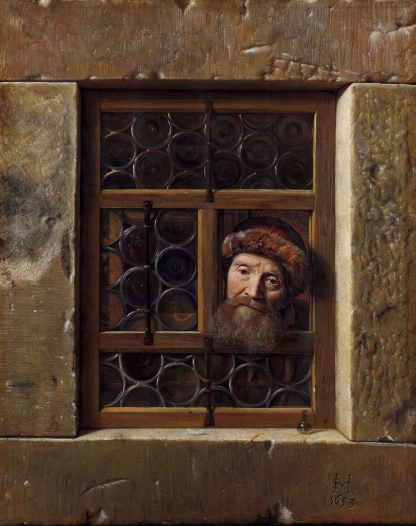 A painting showing an old man peering out a window