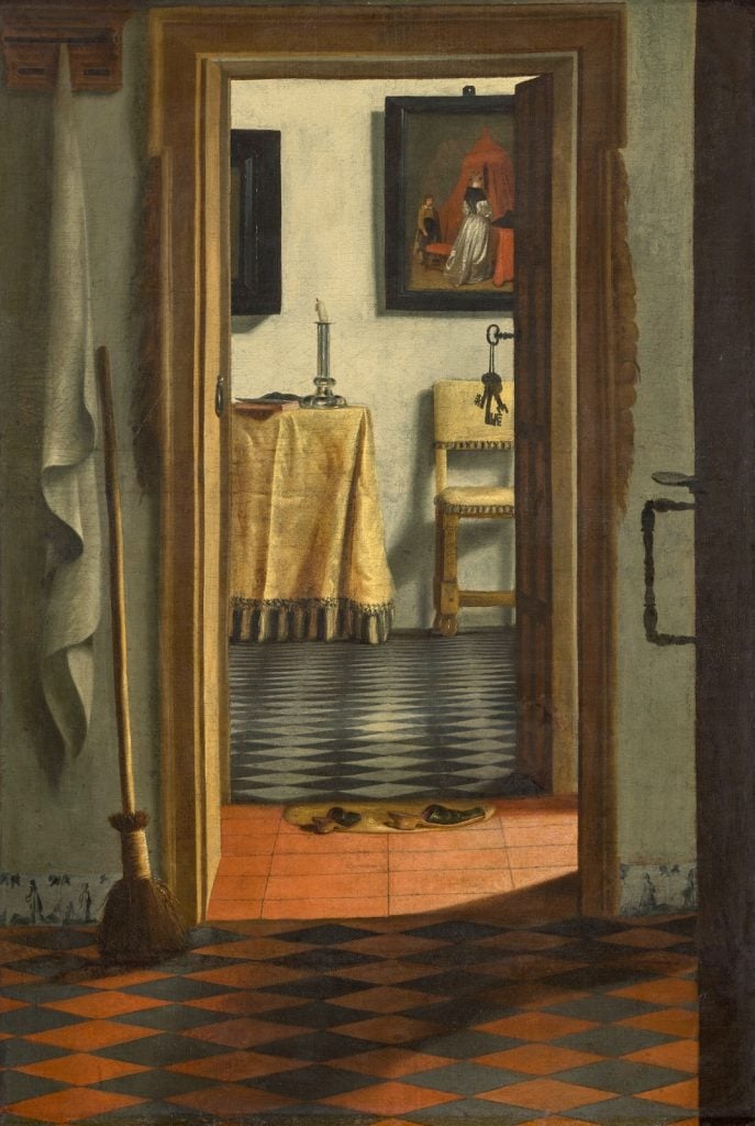 A painting of the interior of a 17th-century Dutch home