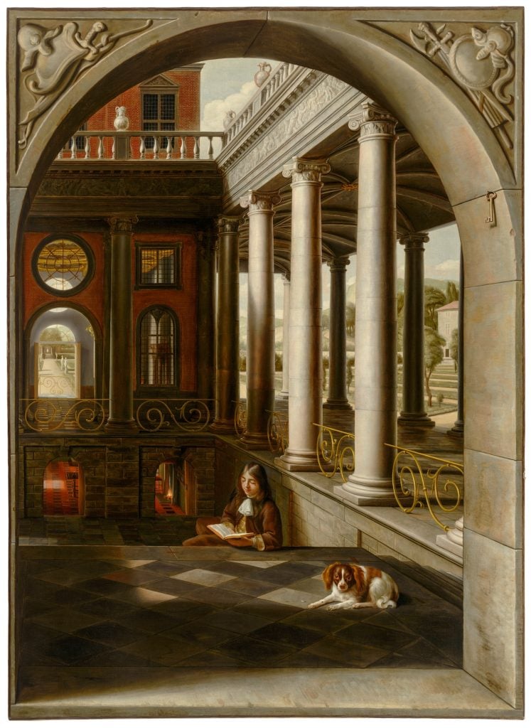 A painting of a young man reading in a detailed architectural setting