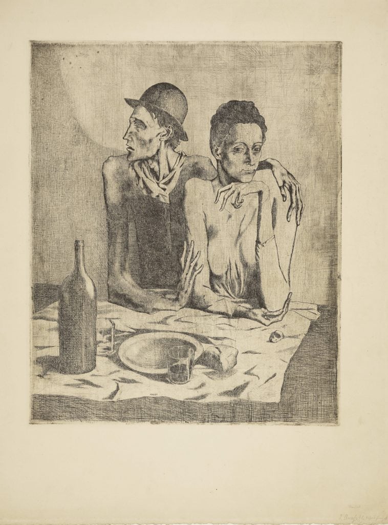 two gaunt sketched peole sit at a table