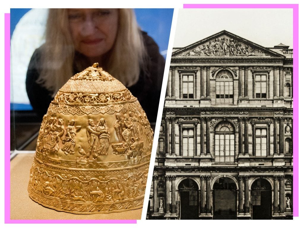 On the left panel, a woman looking at a display of an ornate gold tiara; on the right panel, a black and white photo of a building, the Louvre