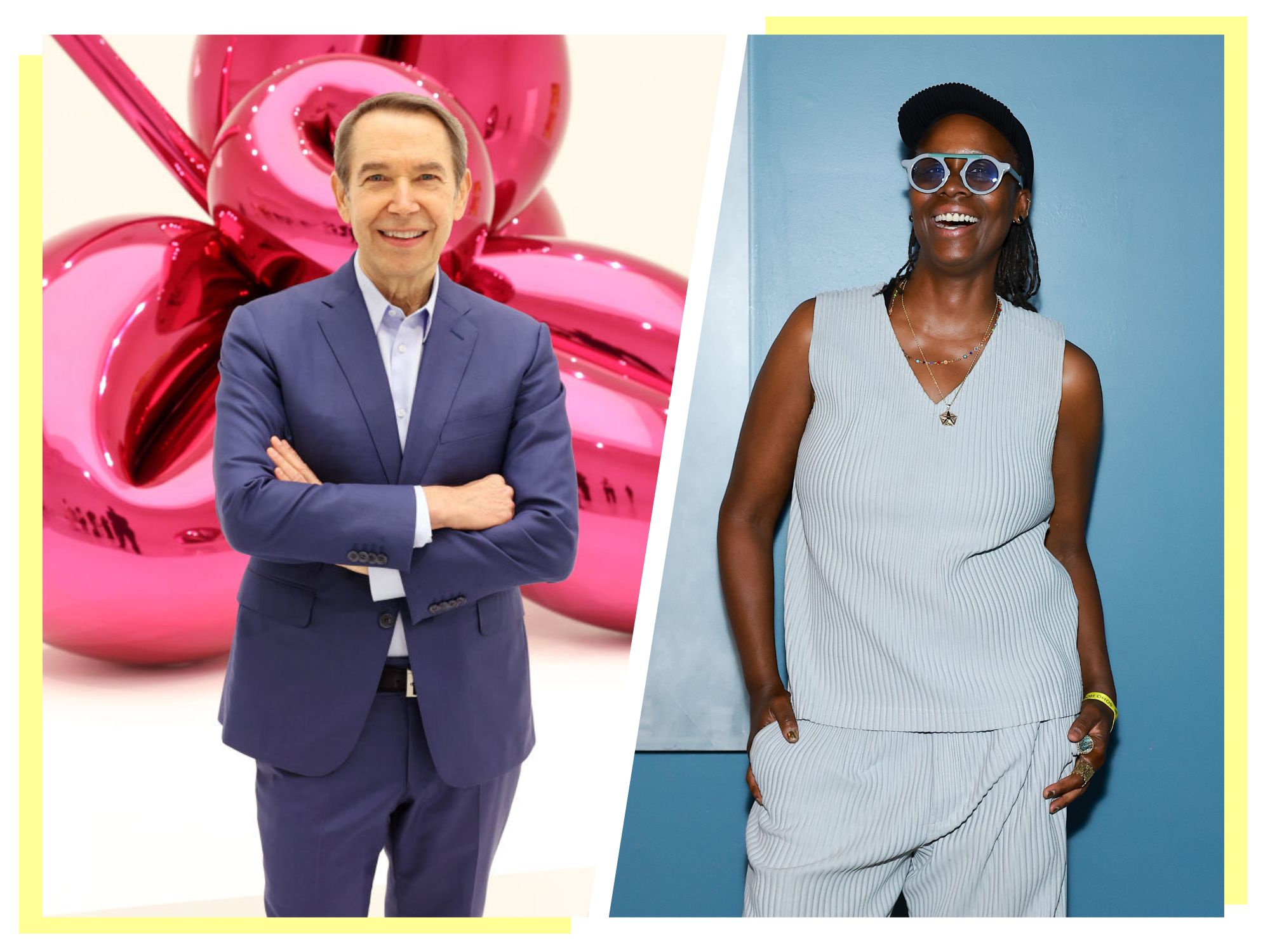 On the left panel, Jeff Koons poses in front of a large, pink balloon dog; on the right panel, Mickalene Thomas wearing shades and a hat poses against a blue backdrop