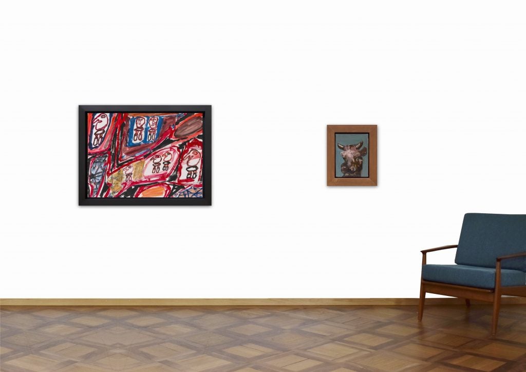 Two paintings, one by George Condo and one by Jean Dubuffet installed on a white wall above a parquet floor with a modern chair to the right.