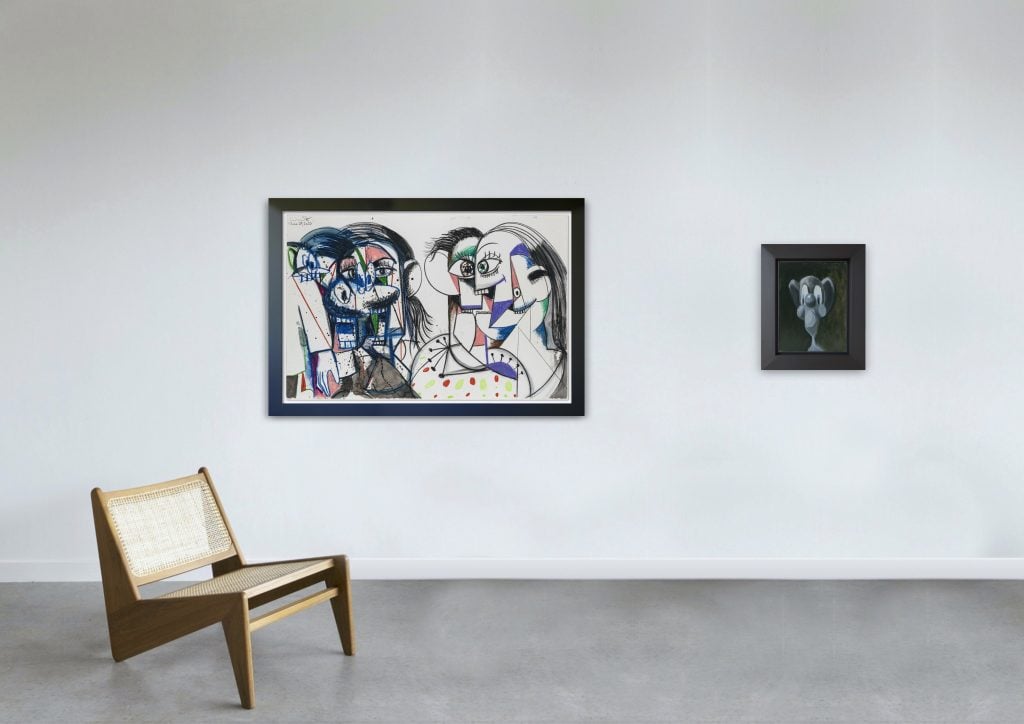 Installation of two works by George Condo on a white wall with a modernist chair in front, installed within the exhibition Architects of Anarchy.