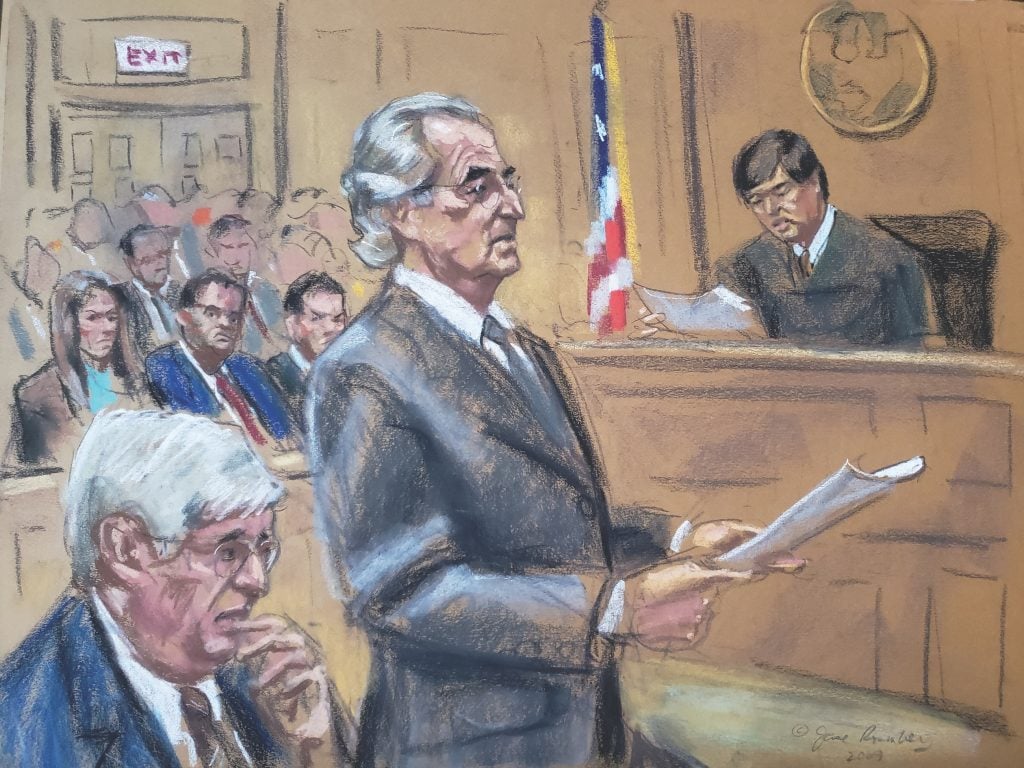 A courtroom sketch of defendant Bernie Madoff, with his lawyer and the judge also visible