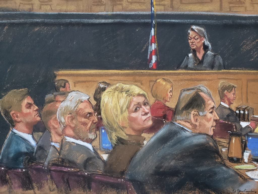 A courtroom sketch of Martha Stewart and her lawyers, with the judge in the background