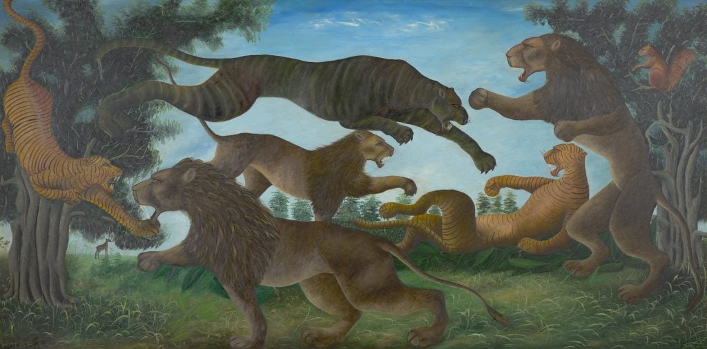 A painting of a number of great cats fighting in a wooded area