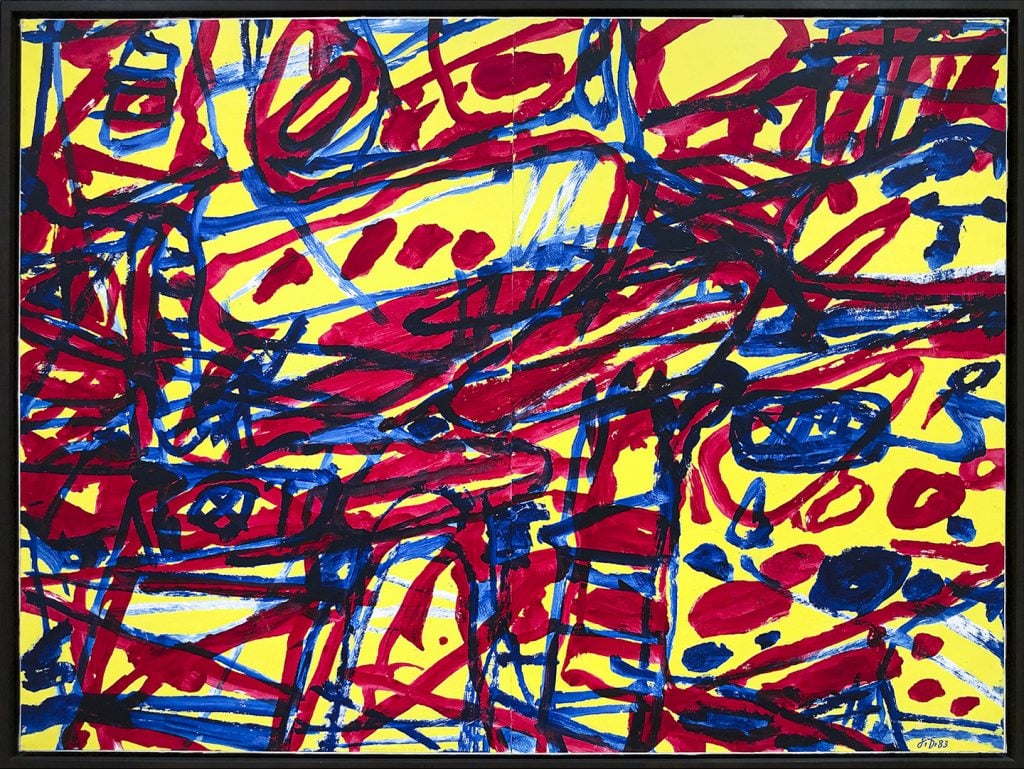 Abstract painting comprised of two sheets of paper covered in primary colored scribbles adhered to a canvas together by Jean Dubuffet, shown at Jonathan Novak Contemporary Art.