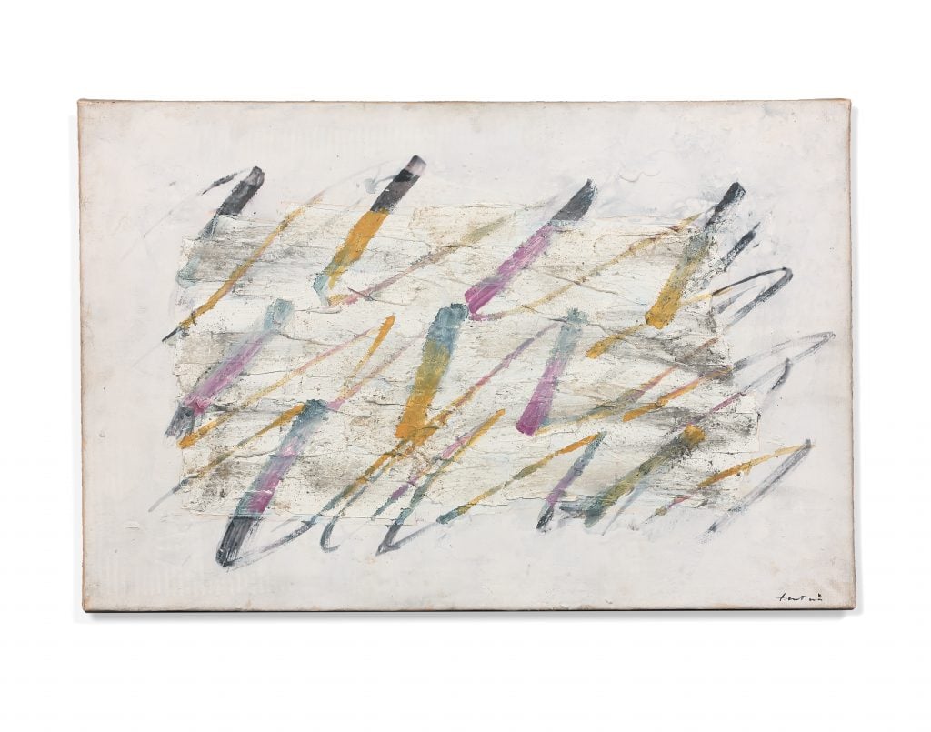 A series of multicolor pastel scribbles on a beige canvas by Jean Fautrier from 1961, presented by Artcurial for the Selected 20/21 Sale this October.