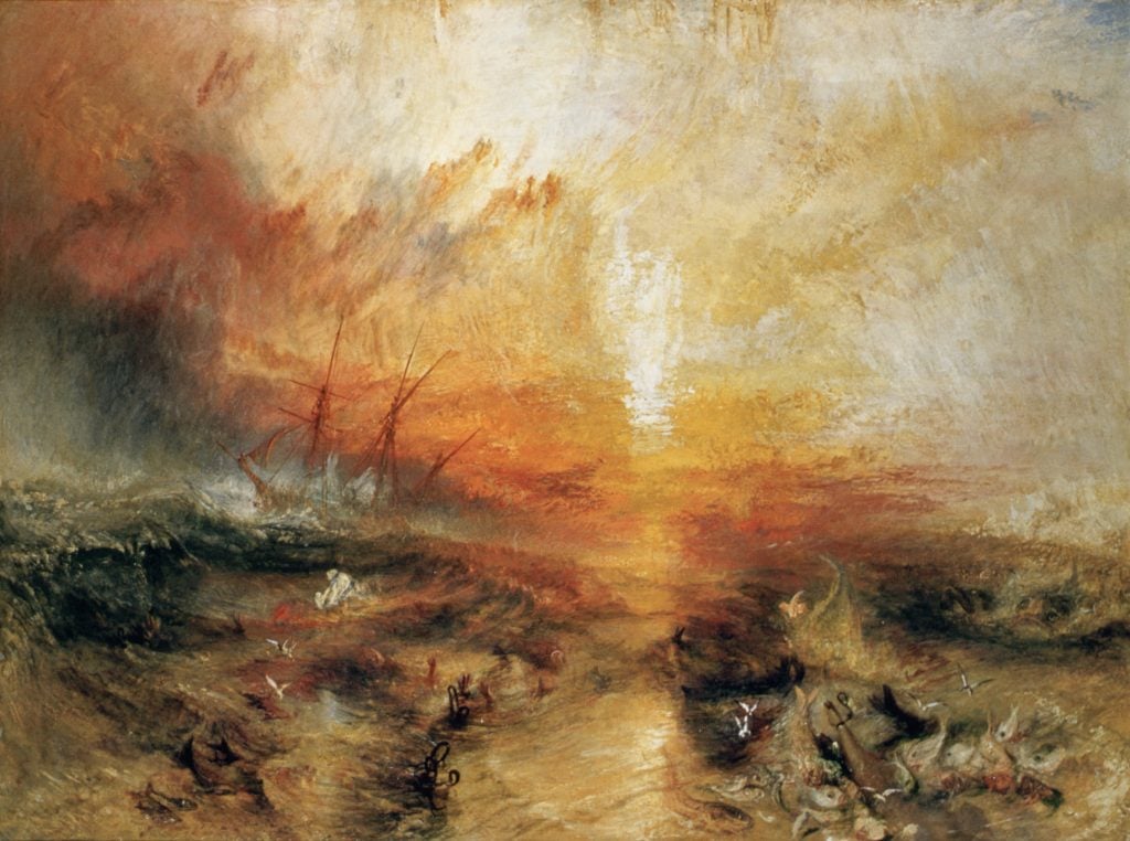 J.M.W. Turner’s Slave Ship, showing a fiery sunset over a turbulent sea with dramatic shipwreck elements.