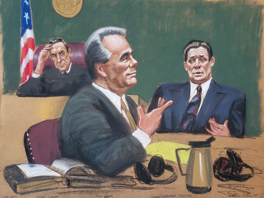 A courtroom sketch of Mob boss John Gotti at trial, with the judge and a witness in the background