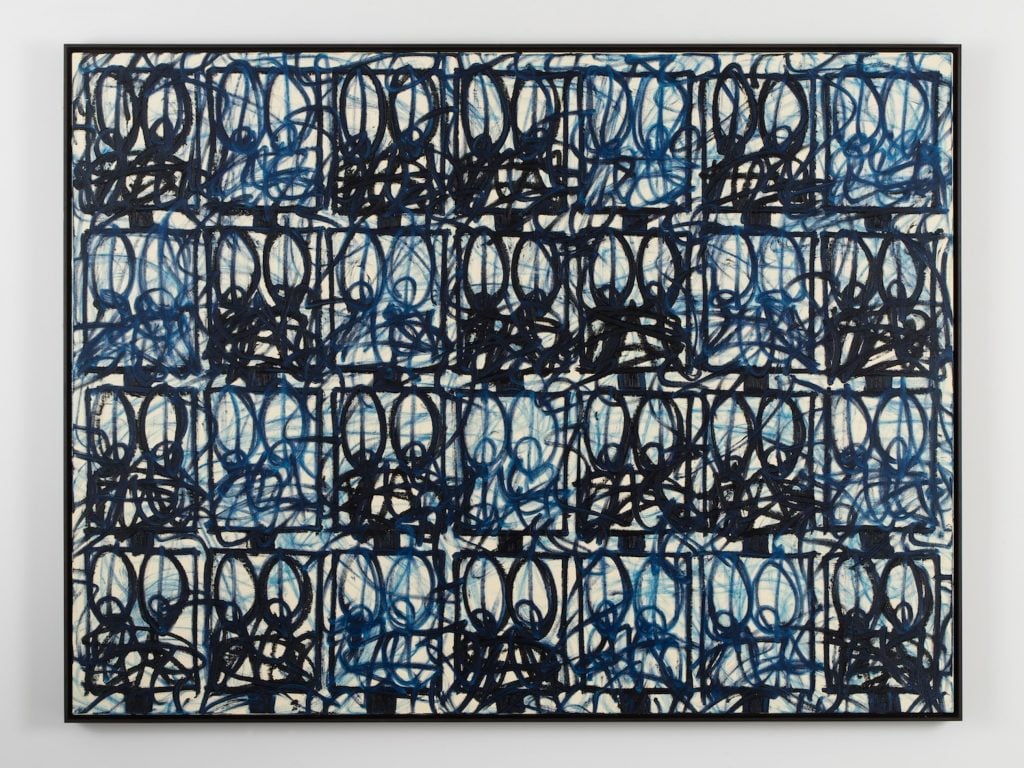 An abstract painting with looping lines of blue and black