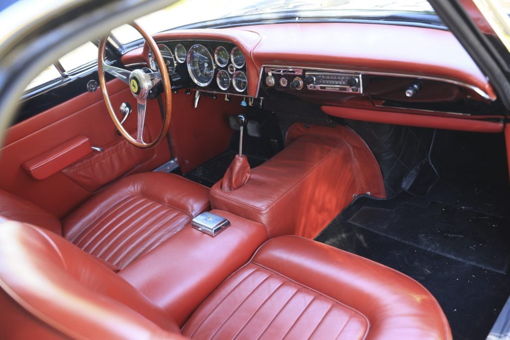 The leather red interior of a Ferrari automobile