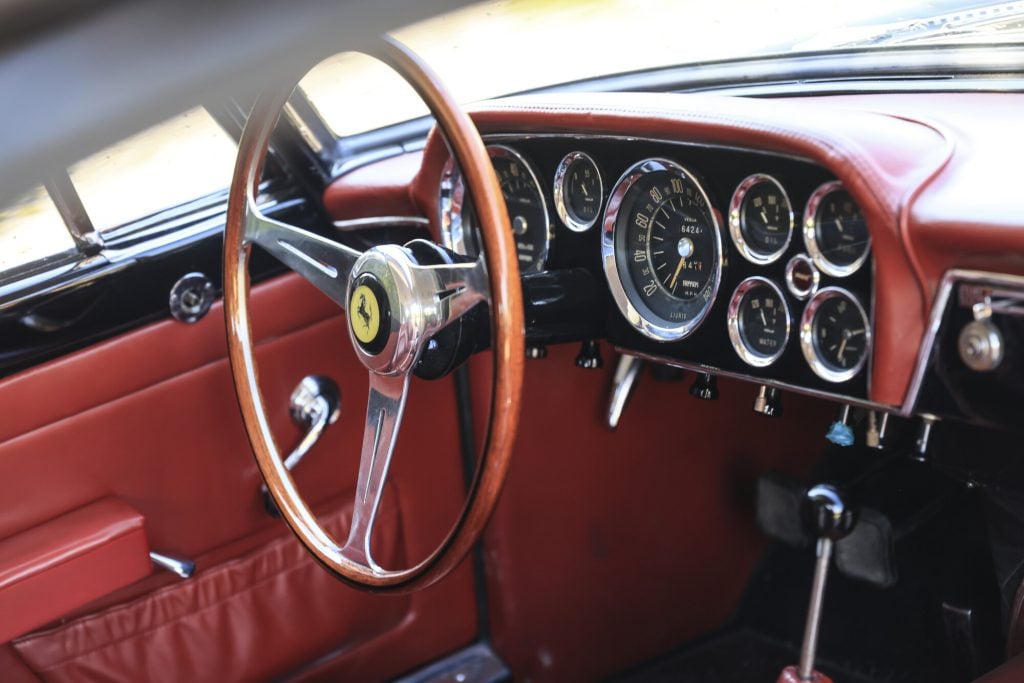 The leather red interior of a Ferrari automobile