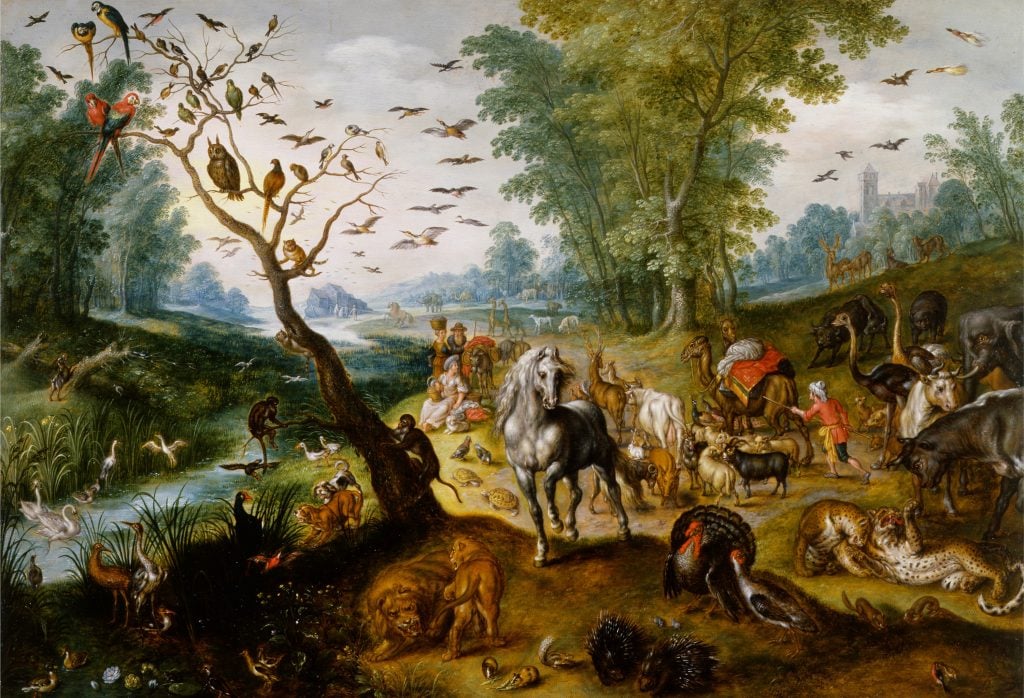 a scene of animals gathering for Noah's arc