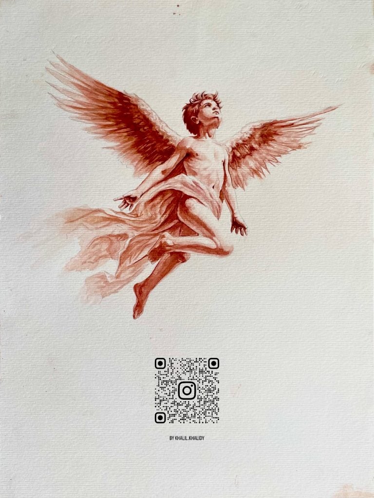 A Renaissance-style looking painting that appears to be in red chalk of a young boy as an angel. The work shows a real QR code below it, which takes you to a video of the work being made from the blood of a Palestinian boy who died in a bombing.