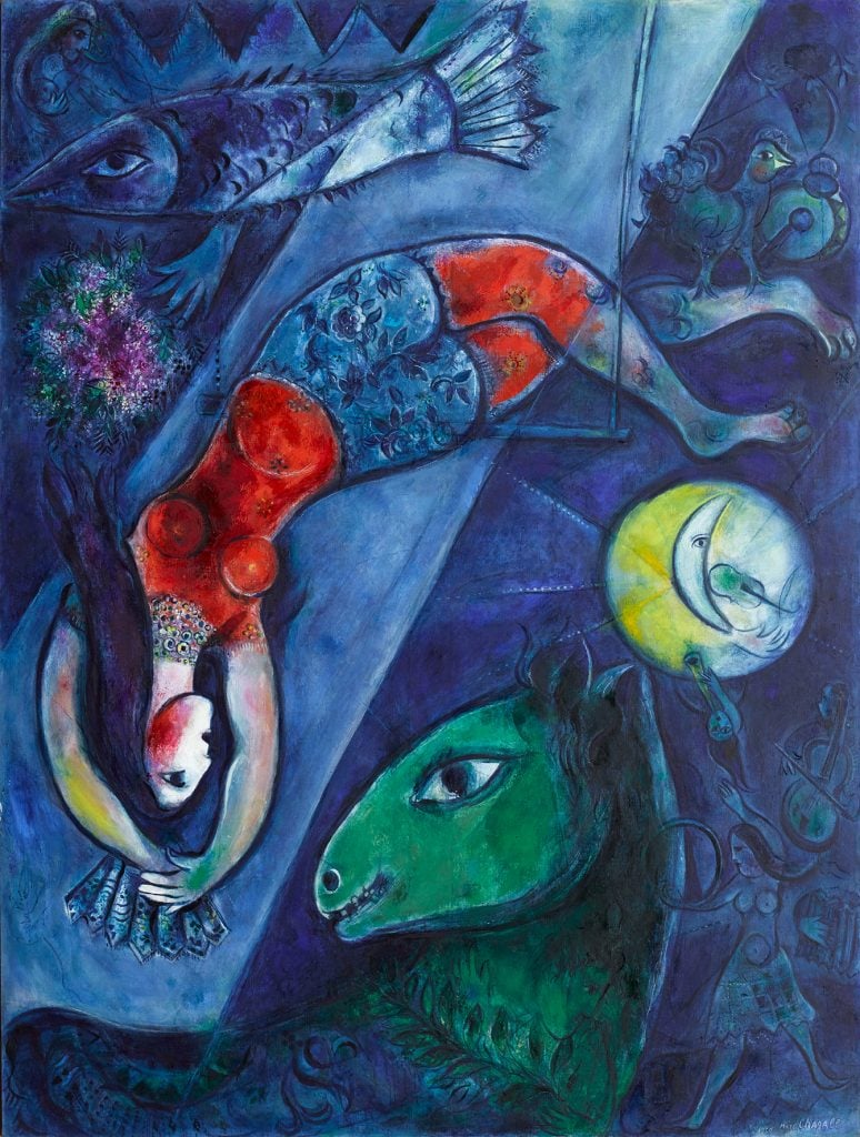 A surreal scene in vivid blues and greens, featuring a floating figure in a red dress, a green horse, and abstract animals in a dreamlike circus setting.