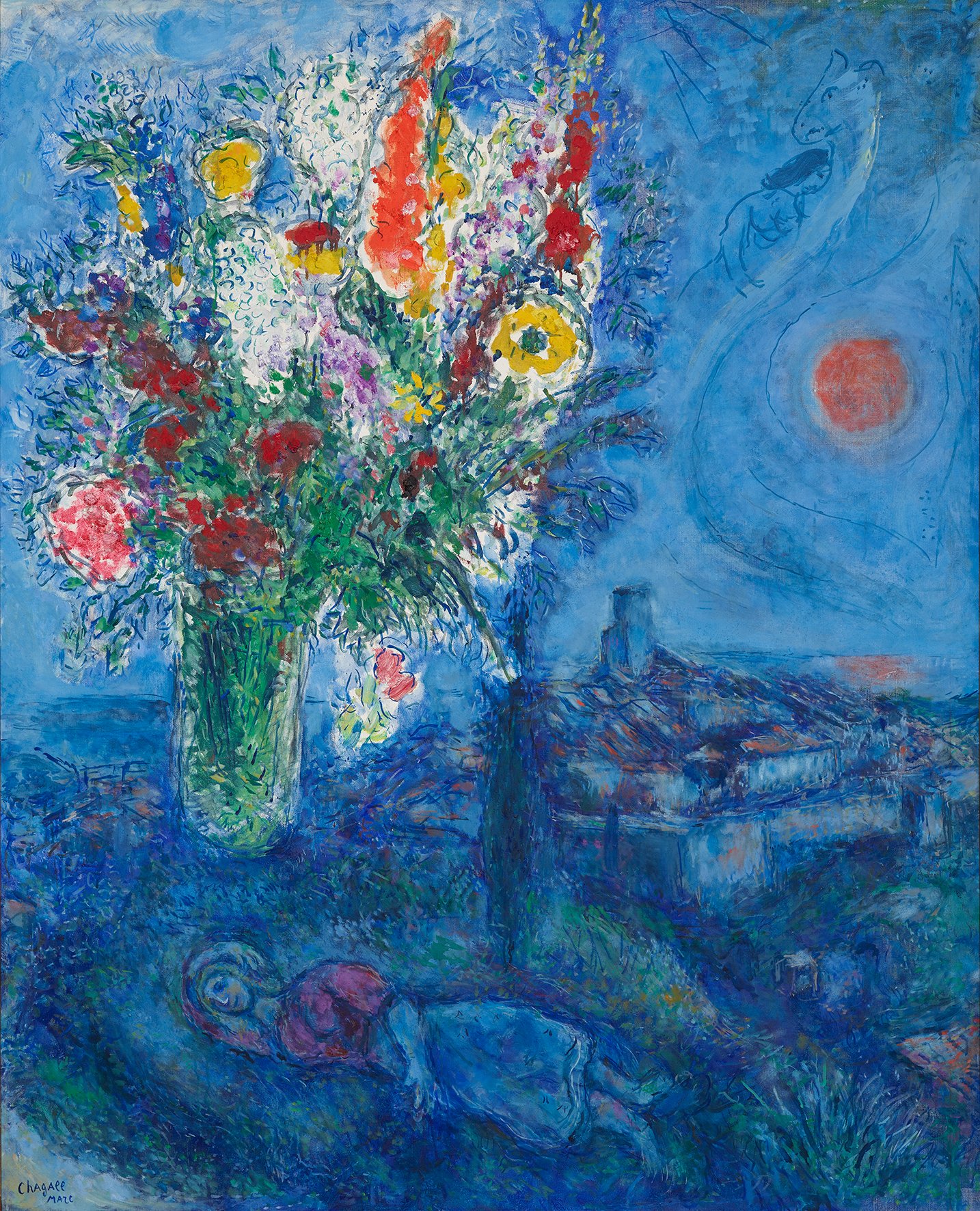 a bouquet of colorful flowers in a vase hovers over the figure of a woman sleeping on the ground underneath a blue sky