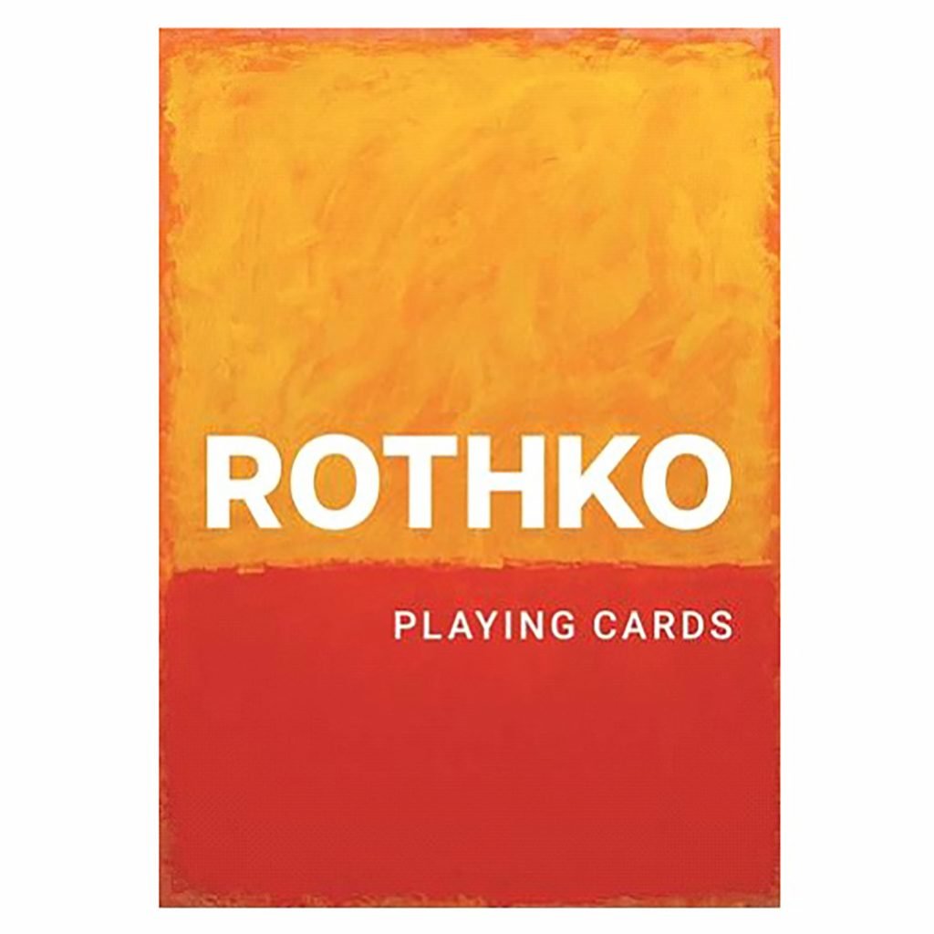 A color field painting of orange and red which has "Rothko Playing Cards" written on it in white