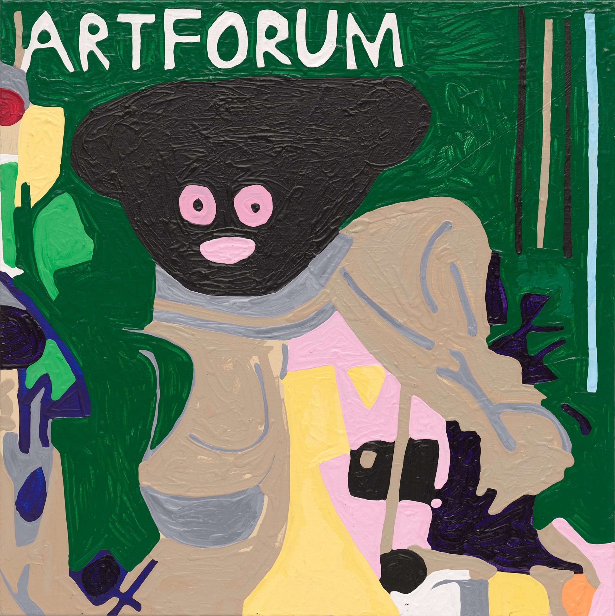 A highly stylized painting of a cover from Artforum magazine