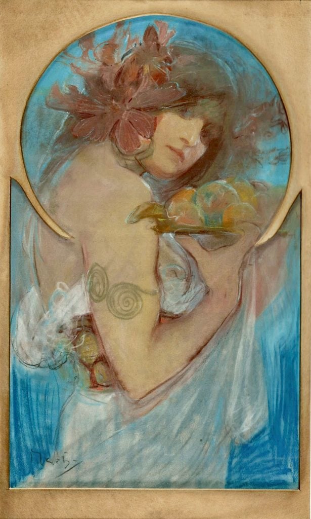 A colorful sketch drawing of a woman figure in white dress against a blue background under a golden arch by Alphonse Mucha, featured by Galerie Thomas in the Autumn Sale.