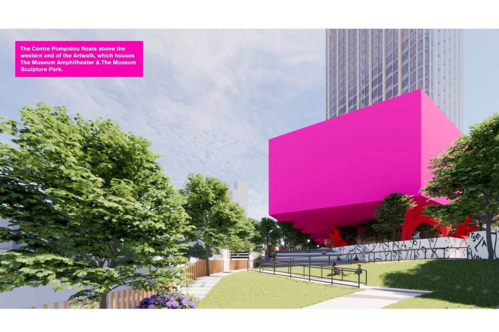 a rendering of the new centre pompidou space in new jersey. there is a large two-story pink facade against a large building with a lawn and trees in front