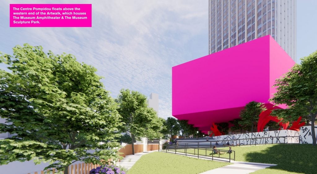 a rendering of the new centre pompidou space in new jersey. there is a large two-story pink facade against a large building with a lawn and trees in front