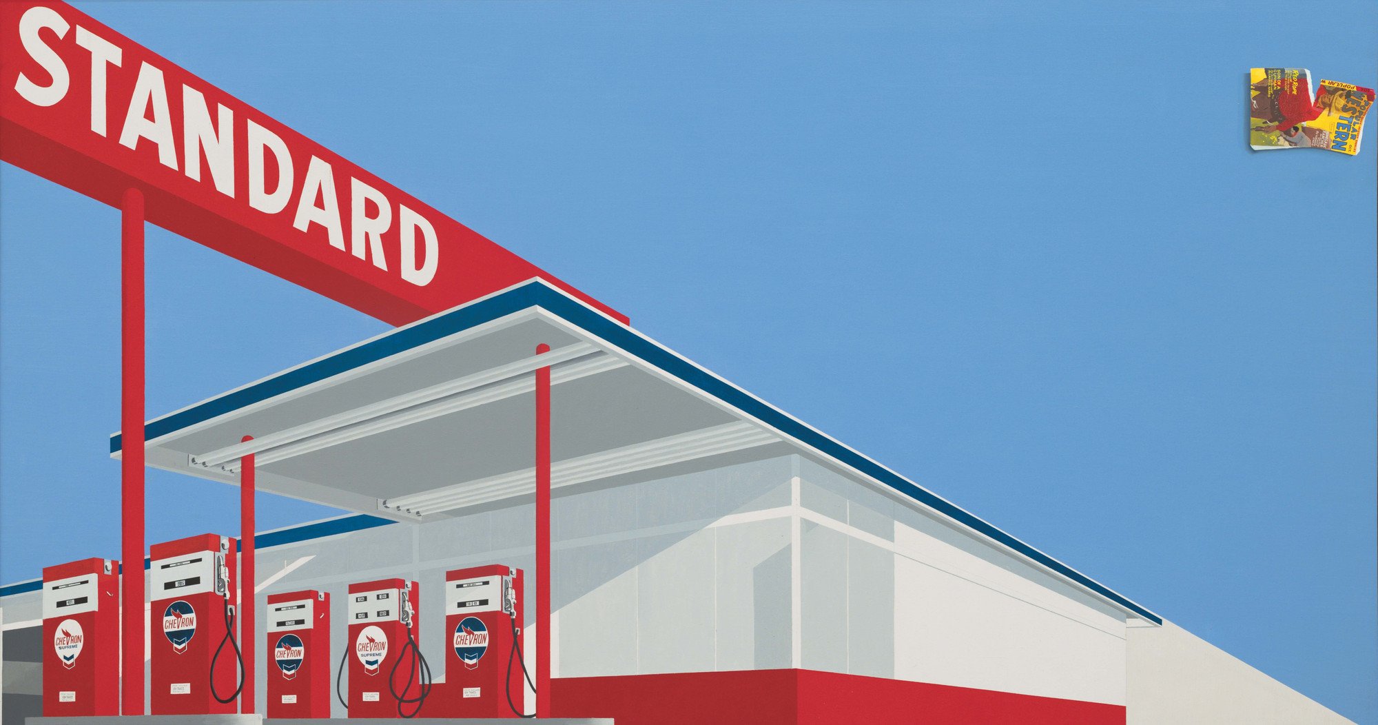 A painting of a gas station