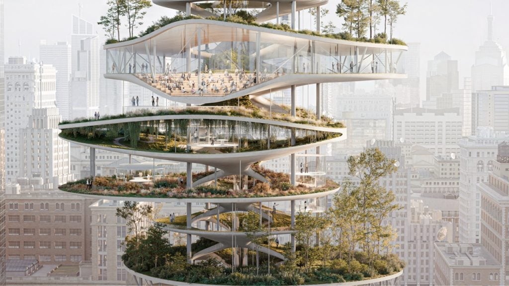 A futuristic spiral building with greenery on every floor