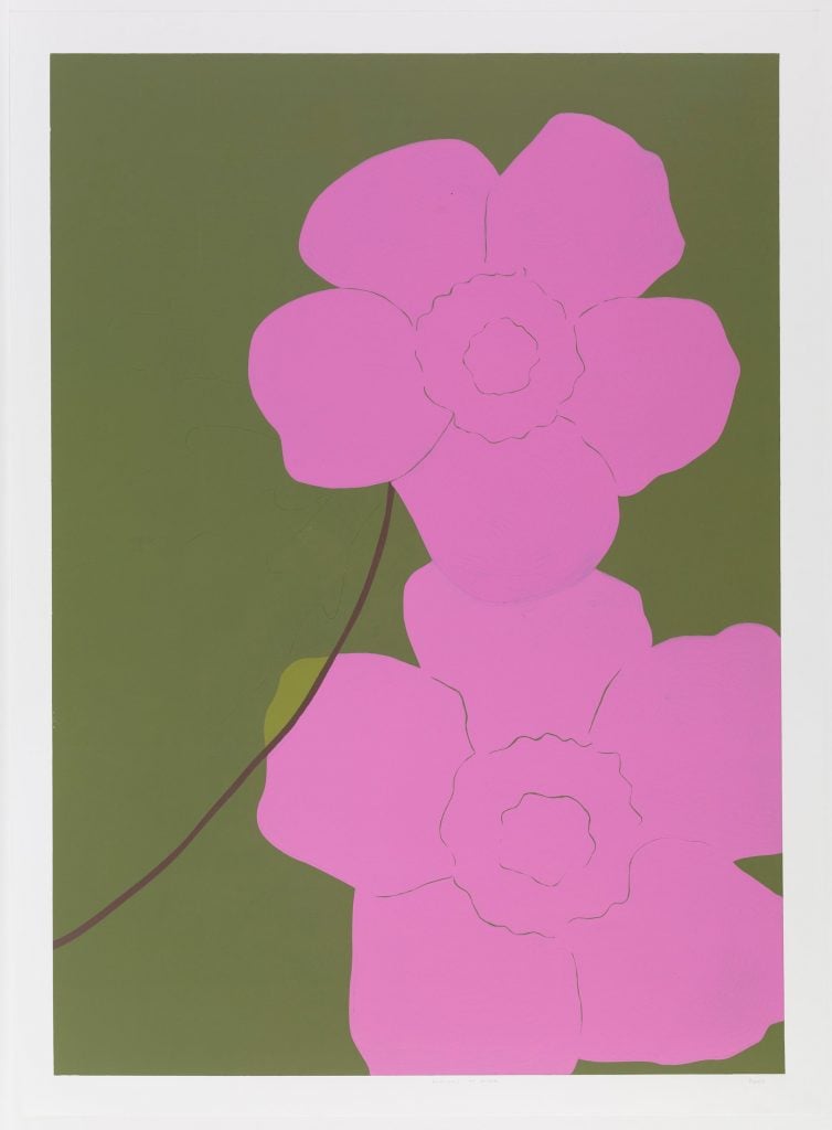 A woodblock print with green background and two outlines of five-petalled flowers in bright pink by Gary Hume featured at Frieze London.