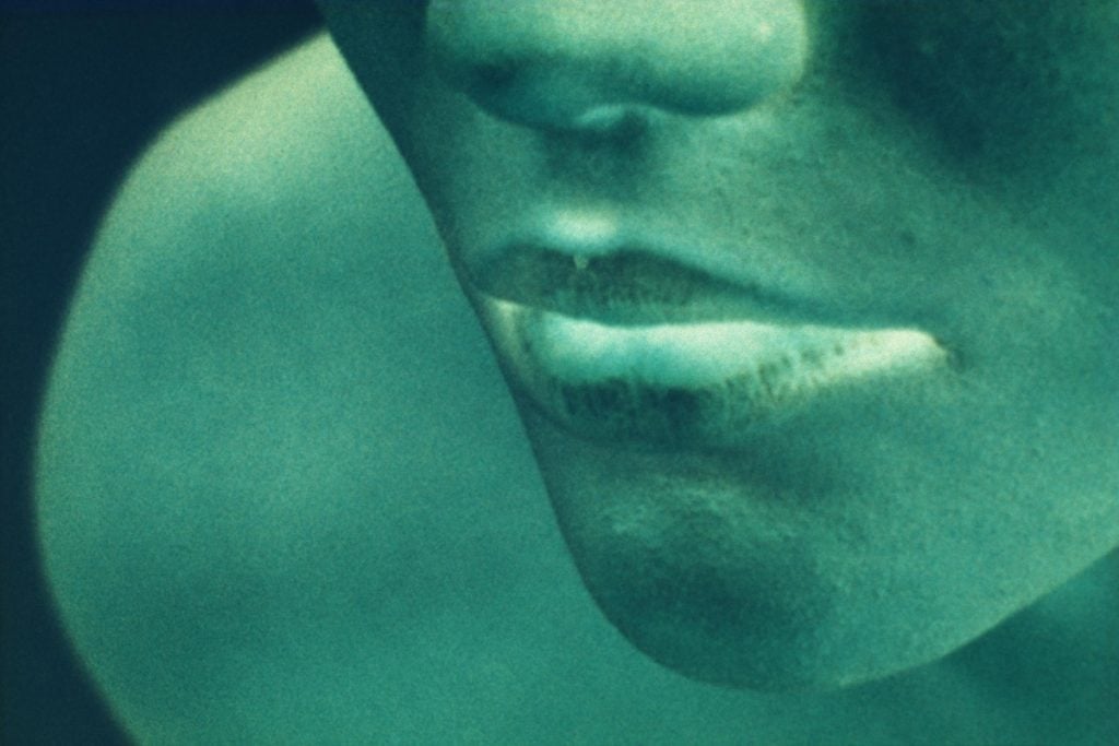 Work presented by Vermelho at Paris Photo, a close up of a persons mouth and chin and shoulder, all in shades of jade green.