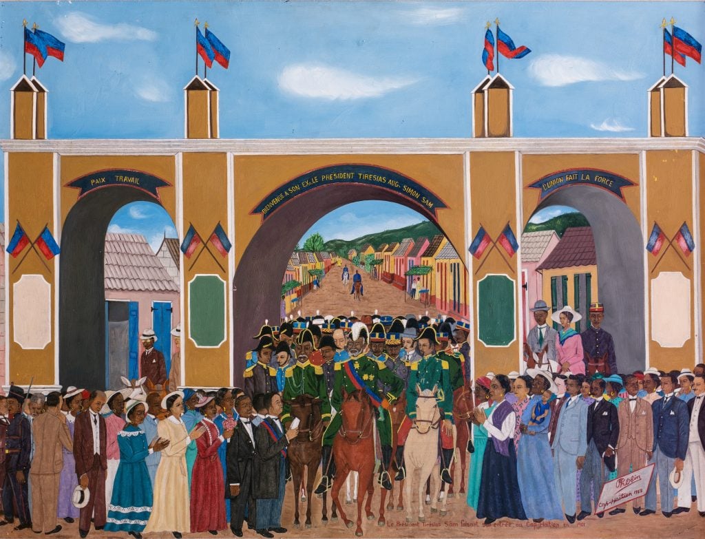 A painting of Haitian president Tiresias and entourage riding on horseback into a Haitian city