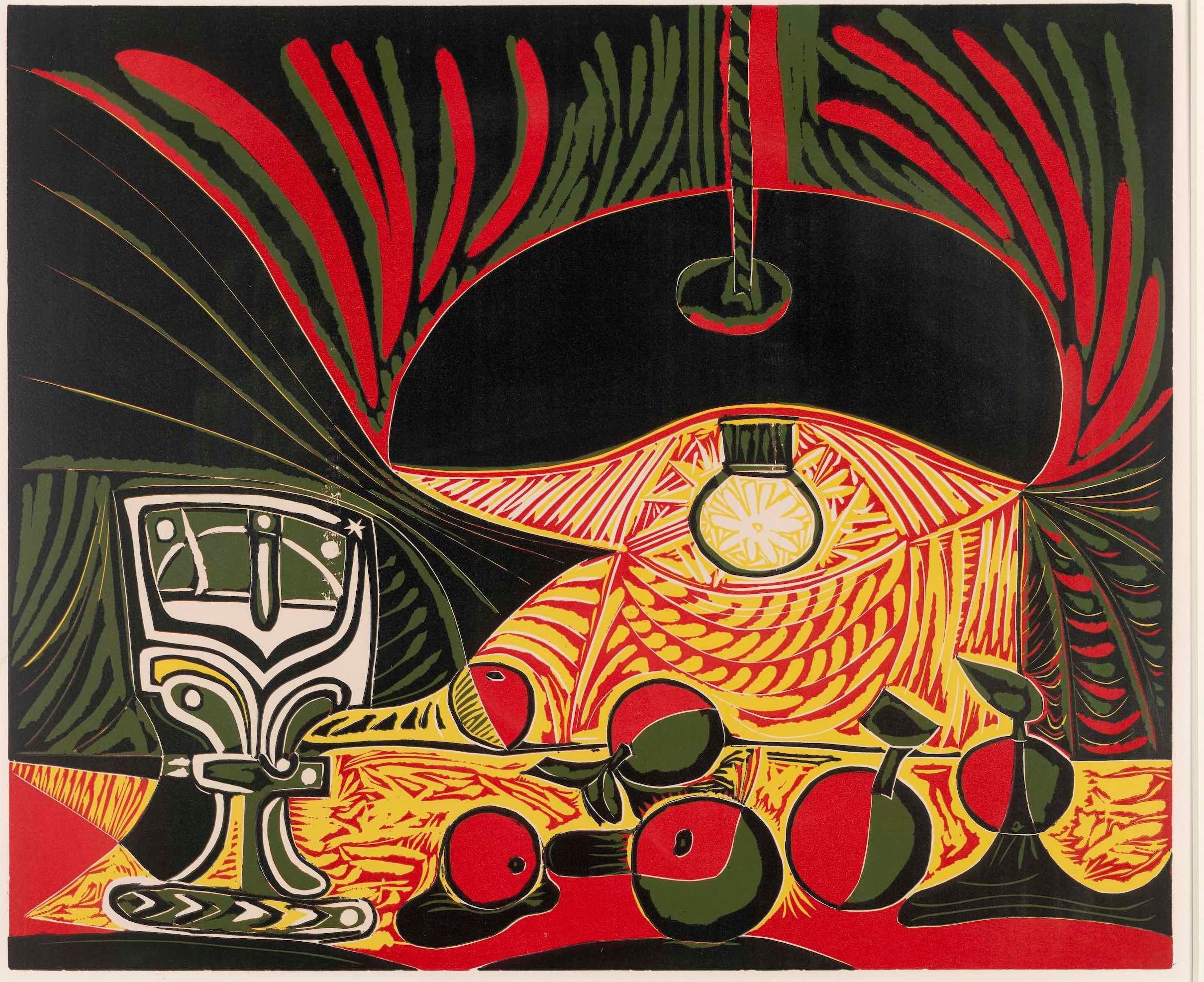 Vibrant still life featuring a lamp illuminating a table with a goblet, apples, and abstract patterns in bold reds, greens, and yellows